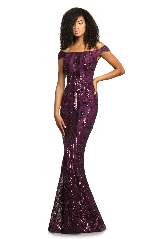 Johnathan Kayne 2064 Size 14 Plum Fitted Sequin Off Shoulder Prom Dress Pageant Gown Beautiful Sequin Dress