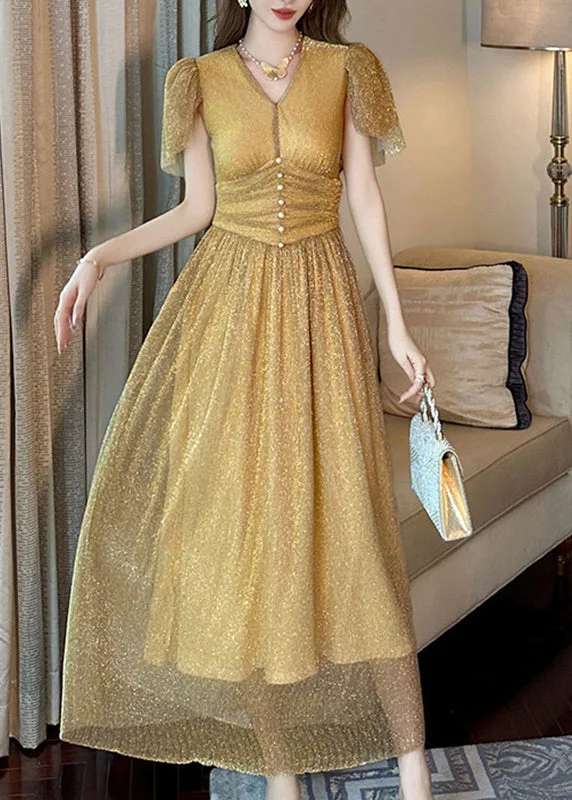 Fitted Gold V Neck Wrinkled Patchwork Sequins Tulle Vacation Long Dresses Summer Sequin Dress Fit