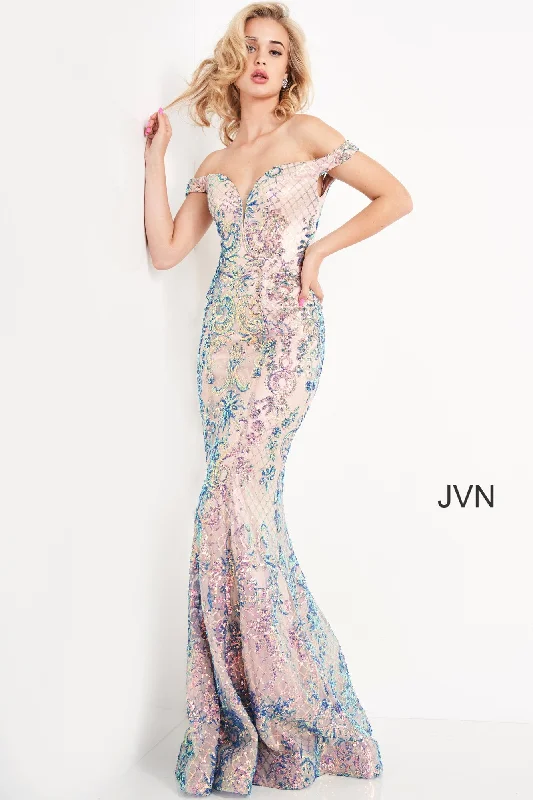 Jovani JVN04515 Size 8 Ivory Long Fitted Sequin Prom Dress off the shoulder Mermaid Pageant Beautiful Sequin Dress