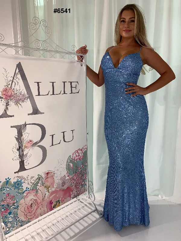 Allie Blu 6541 Size 0 Baby Blue Fitted Sequins Prom Dress with Train Sequin Dress Style