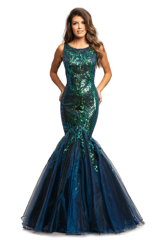 Johnathan Kayne 2018 Size 0 Navy/Multi Sequin Mermaid Iridescent Prom Dress Pageant Gown High Neck Off-shoulder Sequin