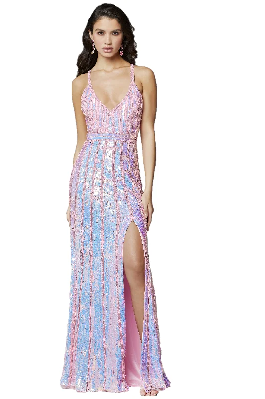 Primavera Couture 3441 Size 4 Pink Prom Dress Sequin Embellished Iridescent V Neckline Stylish Sequin Dress