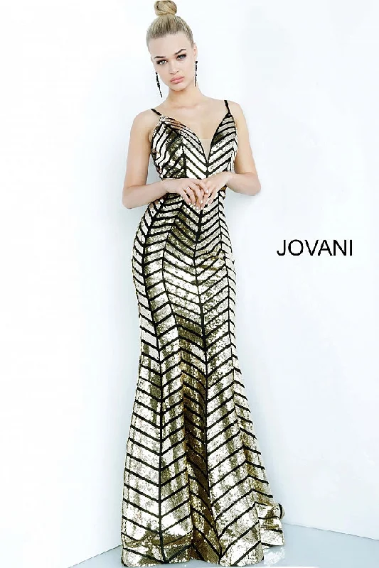 Jovani 2244 Size 8 Black/Gold Long Sequin Prom Dress Embellished V Neck Gown Sparkling Sequin Dress