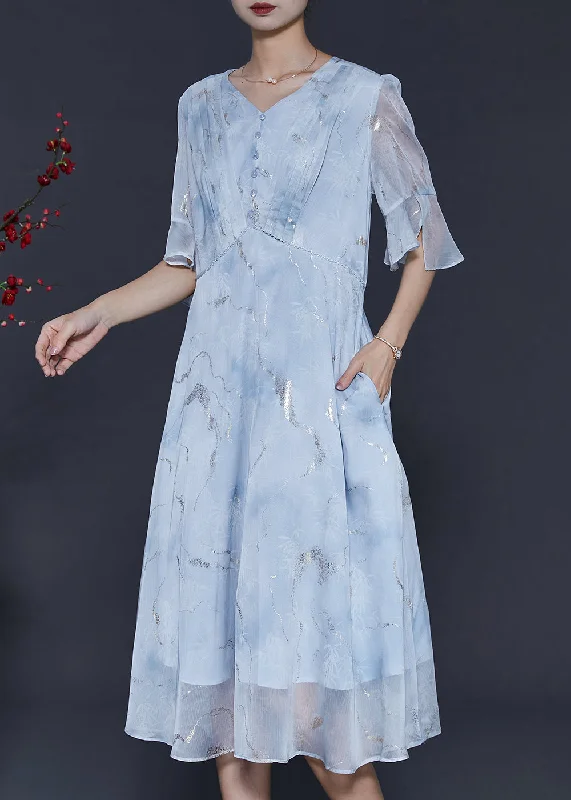 Unique Sky Blue Sequins Wrinkled Jacquard Chiffon Dress Summer Sequin Detail Dress