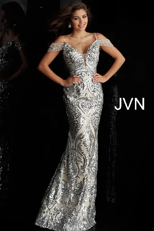 Jovani JVN67256 Size 4 Silver/Nude Long Sequin Prom Dress Plunging off the shoulder Gown Sleek Sequin Dress