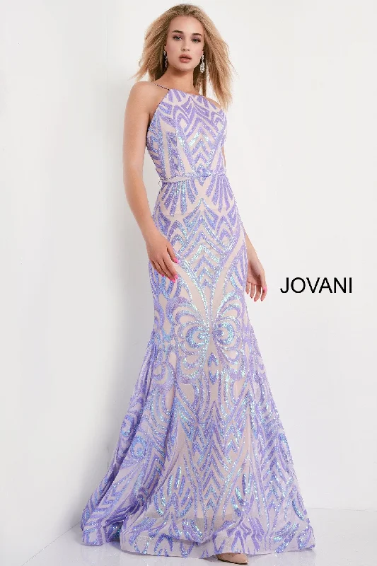 Jovani 03446 size 12 Lilac Backless Sequin Prom Dress Fit and Flare High neck Gown Sequin Dress Allure