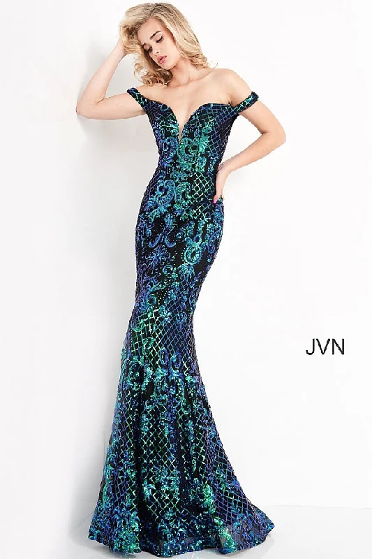 Jovani JVN04515 Black/ Multi Long Fitted Sequin Prom Dress off the shoulder Mermaid Pageant Size 0, 14 Backless Sequin Dress