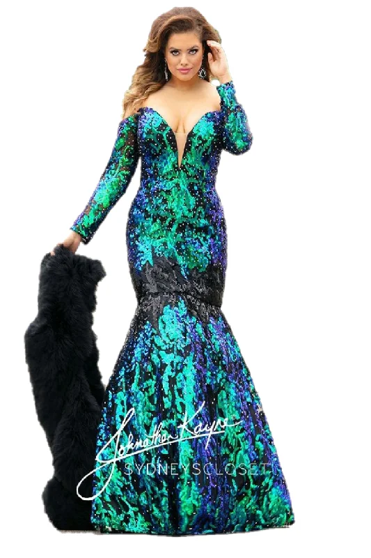 Johnathan Kayne Sydney's Closet JK2010 Size 18 sequin prom dress Long Sleeve mermaid Off-shoulder Sequin