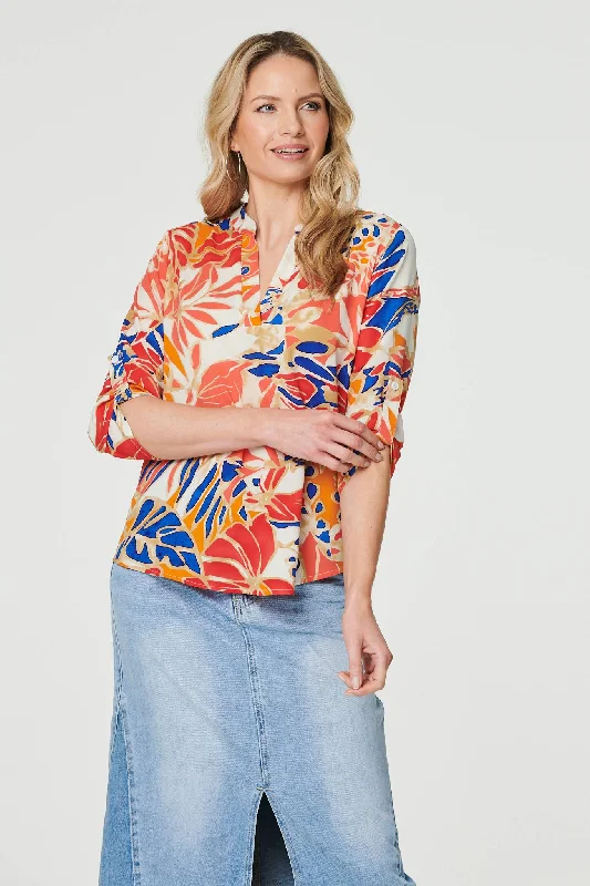 Leaf Print V-Neck 3/4 Sleeve Blouse