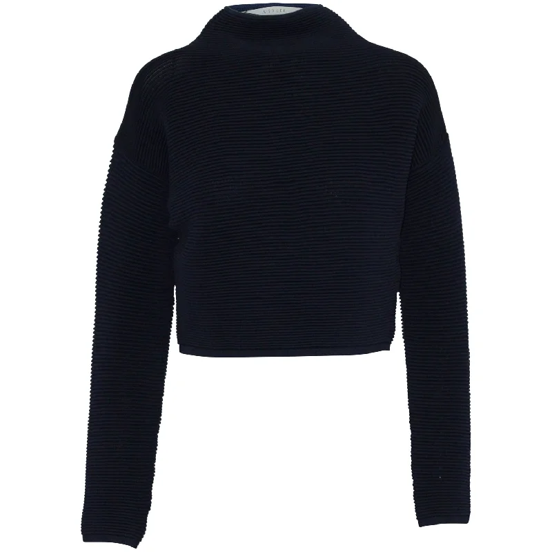 Dion Lee Mock Neck Rib Knit Sweater in Navy Blue Viscose Classic Blazer Jacket