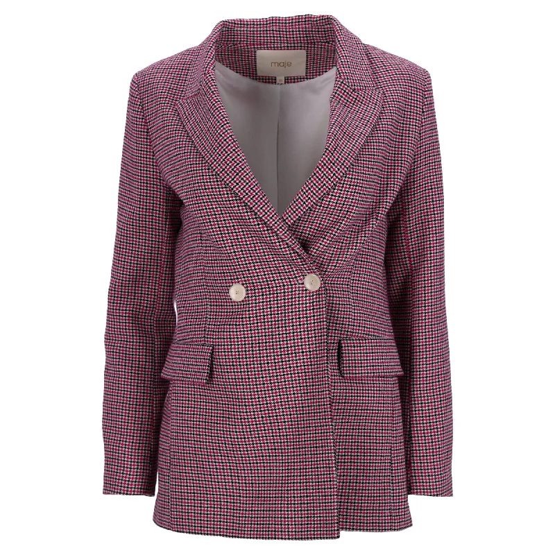 Maje Vic Double-Breasted Houndstooth Blazer in Pink Cotton Office Wear Blazers