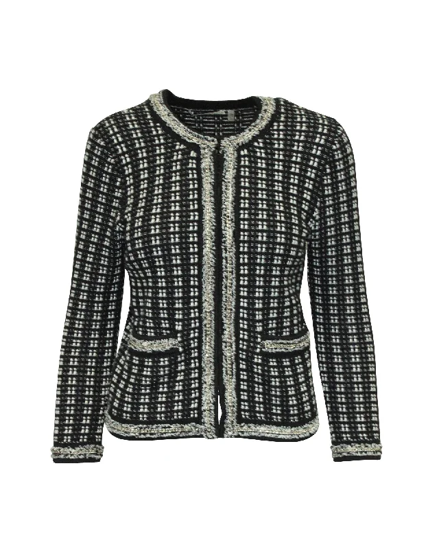 Alice + Olivia Monochrome Tweed Embellished Georgia Jacket in Black Cotton Blazer with Pockets