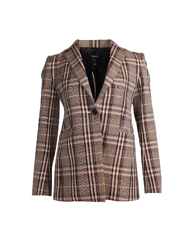 Theory Power Bexley Plaid Blazer in Brown Wool Buttoned Women’s Blazer