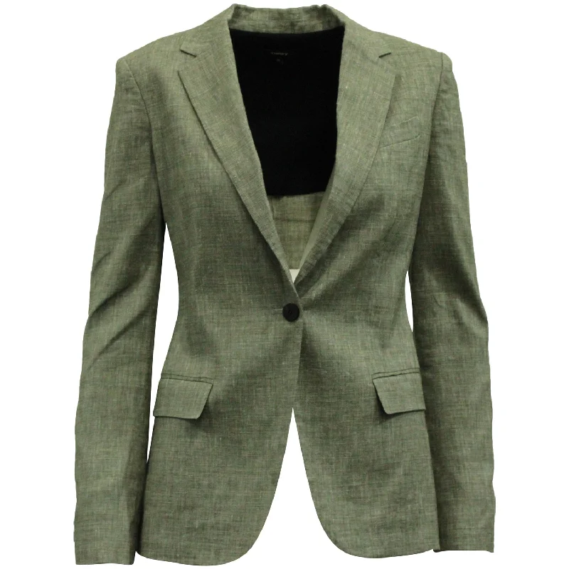 Theory Single Button Blazer in Gray Linen Blend Relaxed Fit Blazer