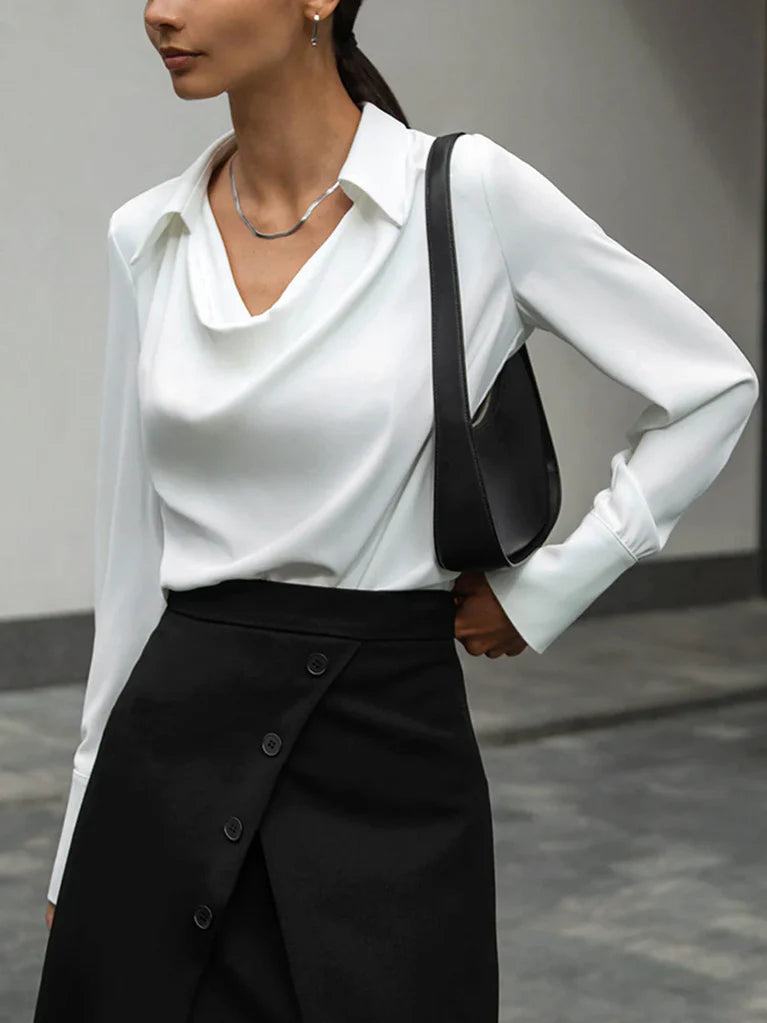 V-Neck Pleated Long Sleeve Blouse