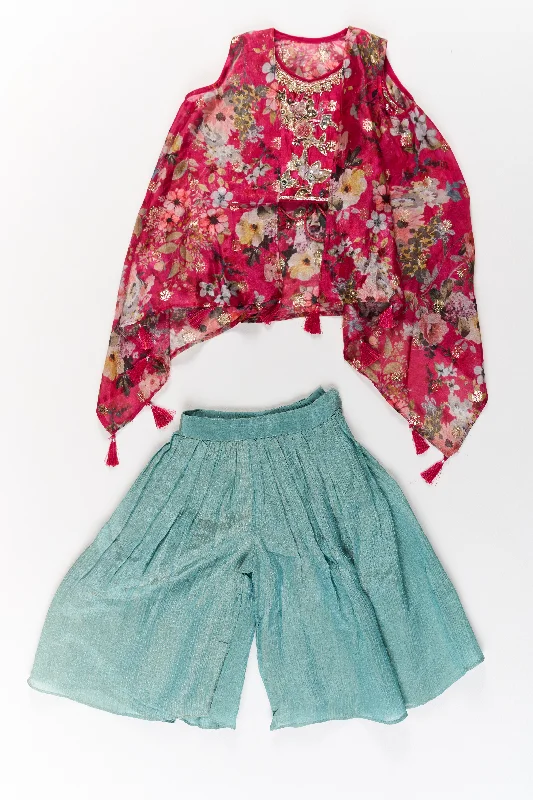 Girls Christmas Dress with Floral Printed Layered Design in Pure Georgette