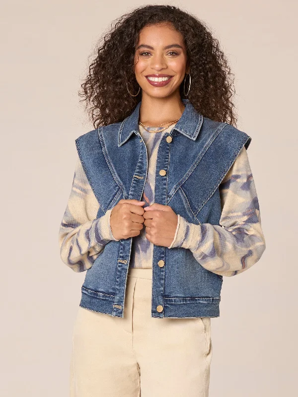 Flange Shoulder Button Front Denim Vest with Hidden Seam Pockets