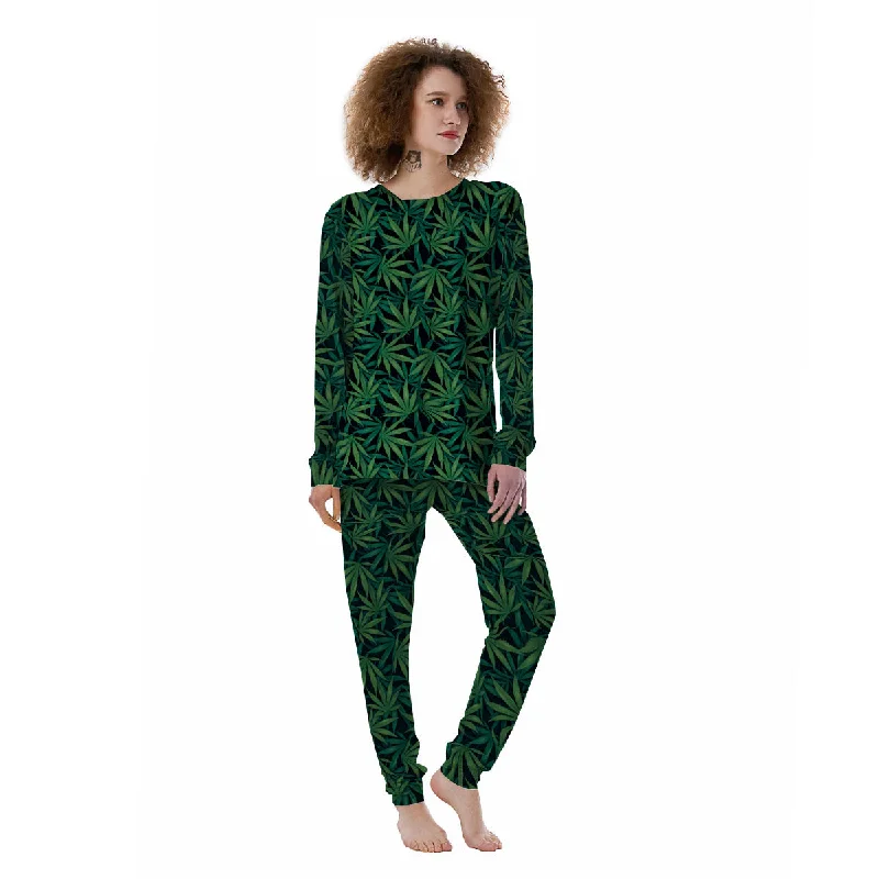 Hemp Leaves Green Print Pattern Women's Pajamas Designer pajama sets