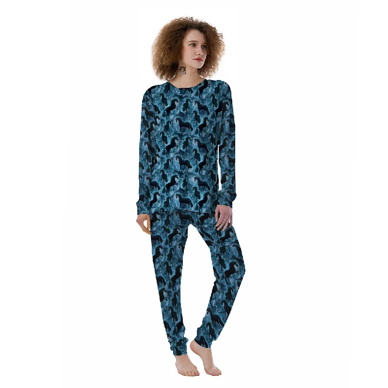 Horse Painting Dark Blue Print Women's Pajamas Pajama sets with pockets