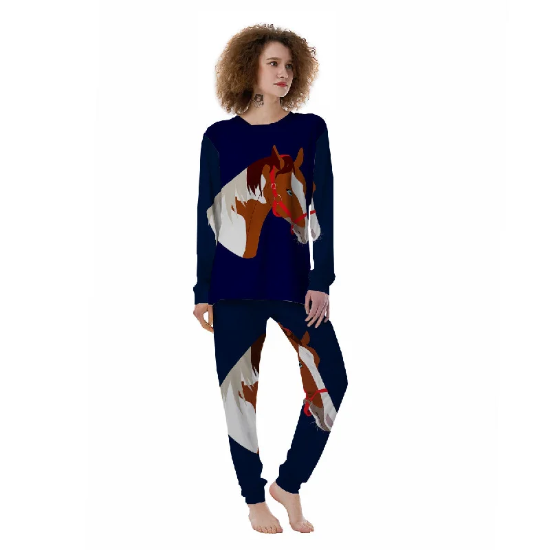 Horse Portrait Dark Blue Print Women's Pajamas Best pajama sets for elderly women