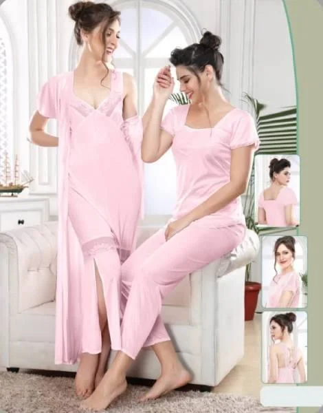 Indian 4Pc Stylish Gown Nighty Set Breathable pajama sets