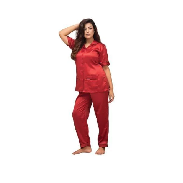 Ladies Maroon Nightwear | Bridal Front Open Shirt & Pajama Set Nightdress | Girls Hot Silky Nightwear Three-piece pajama sets