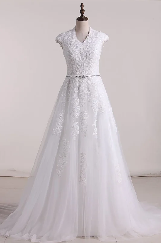 A Line V Neck With Applique Wedding Dresses Tulle Court Train Modern Bridal Gown