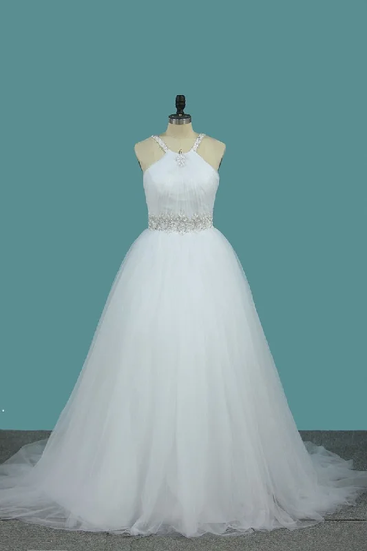 A Line Wedding Dress Halter Beaded Straps And Waistline Tulle Pleated Bodice Strapless Wedding Gown