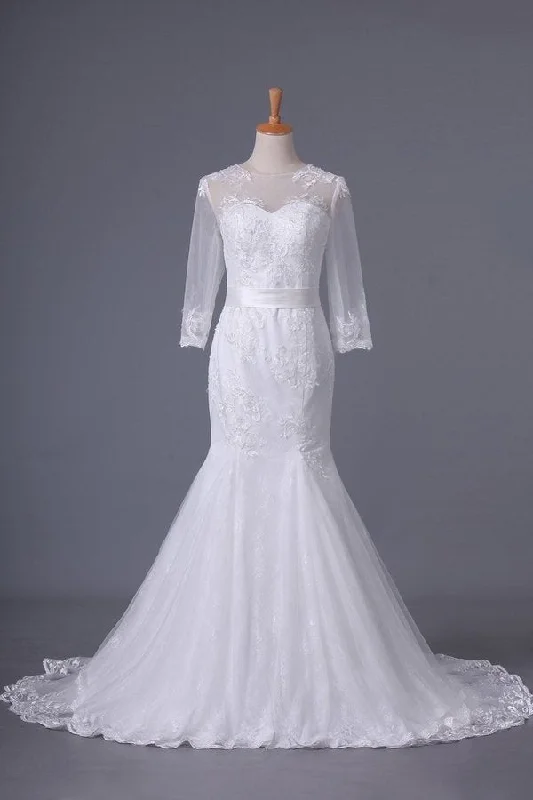 2024 Scoop 3/4 Length Sleeve Mermaid Wedding Dress Tulle With Sash PEMET5DP Wedding Dress Long