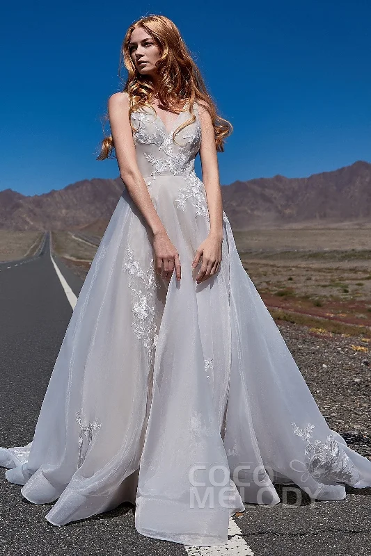 A-Line Court Train Organza and Tulle Wedding Dress LD5862 Crystal Wedding Dress