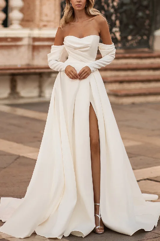 A line Sweetheart Satin Pleated Long Sleeves Rustic Wedding Dress with Slit QW2178 Timeless Wedding Dress