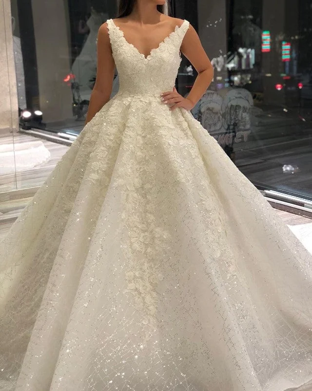 Sequins Tulle Ball Gown Wedding Dress Lace V Neck Sheer Wedding Dress