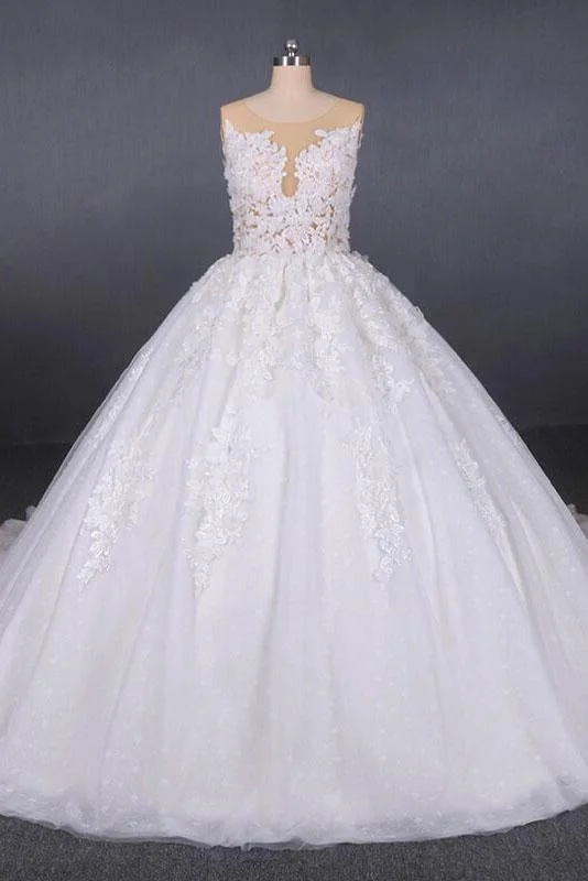 Ball Gown Sheer Neck Sleeveless White Wedding Dress Lace Appliqued Bridal Dress N2297 Tiered Wedding Dress