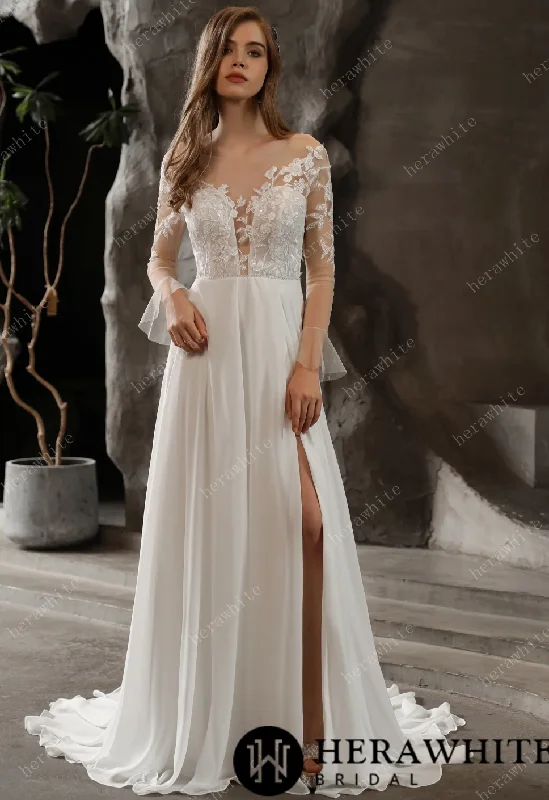 Chiffon Illusion Lace Bridal Dress with Dreamy A-line Skirt Lace A-line Dress