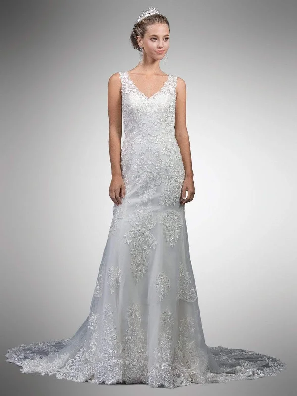 Dancing Queen Bridal - 45 Lace Embroidered V-neck Gown With Train Empire Waist Gown