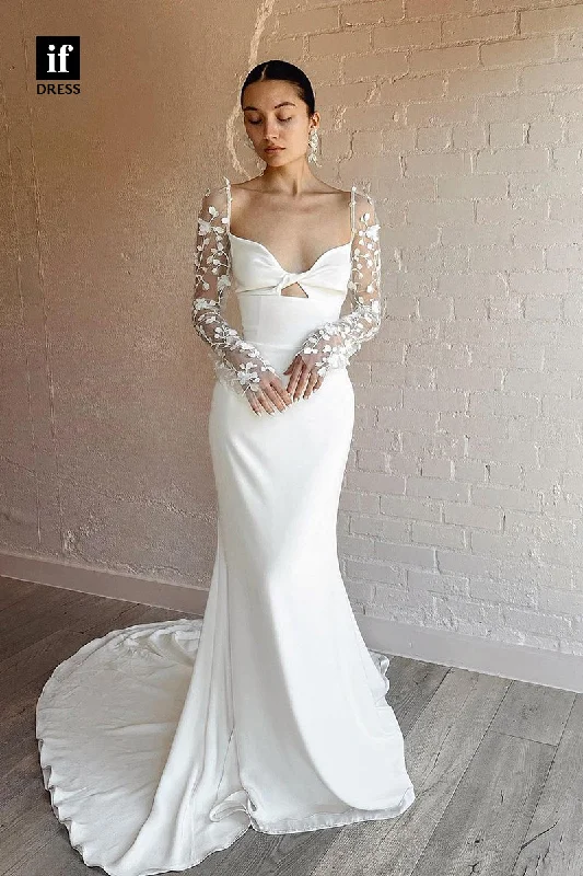 31636 - Elegant Long Sleeves V-Neck Column Satin Beach Wedding Dress Modern Lace Gown