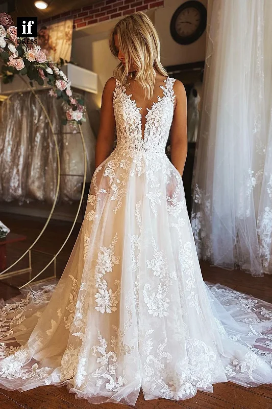 31637 - Honorable Double Straps V-Neck Lace Appliques Boho Wedding Dress Elegant Bridal Gown