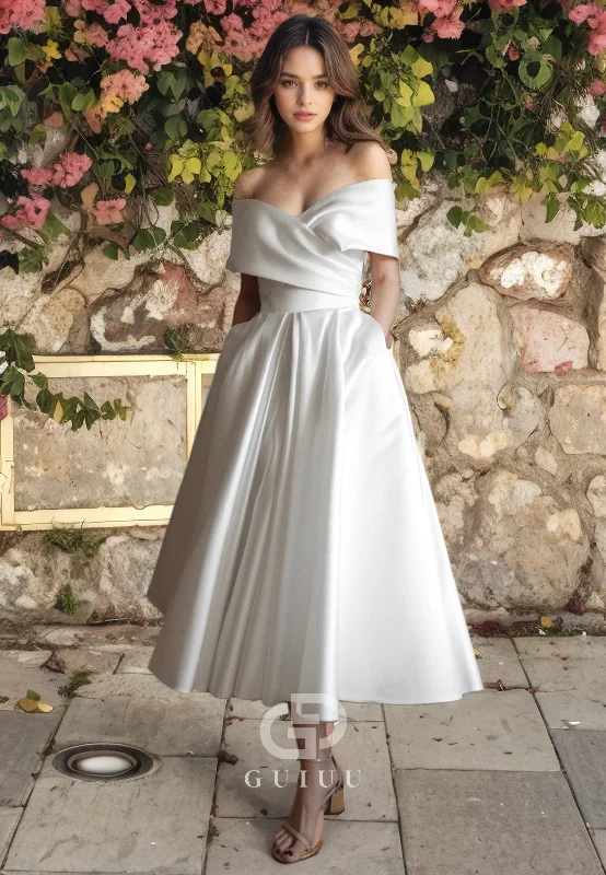 A-Line Off Shoulder Sleeveles Pleated Tea Length Satin Wedding Dress Off-shoulder Wedding Gown