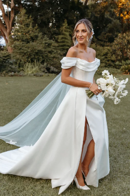 Unique Off the Shoulder Side Slit Satin Wedding Dress with Court Train QW2561 Ruffled Wedding Dress