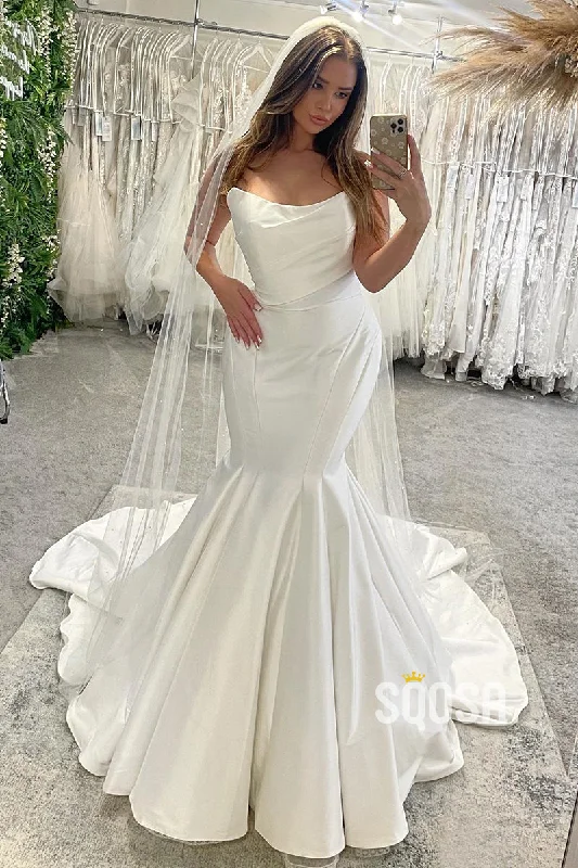 Strapless Ivory Satin Pleats Mermaid Wedding Dress QW2628 Sparkle Bridal Dress