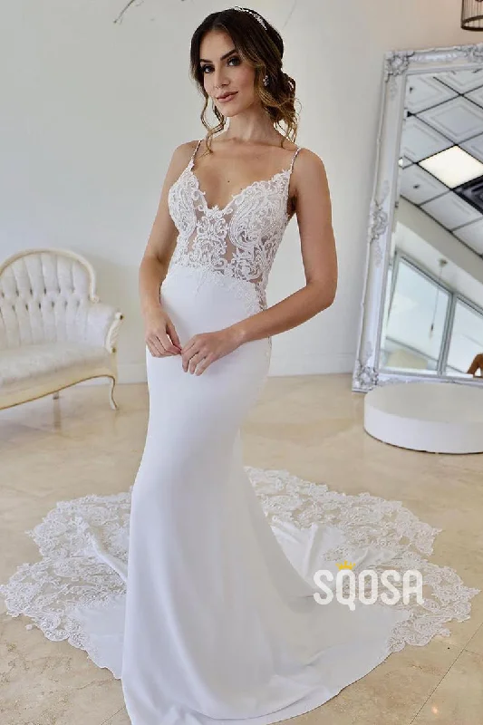 Spaghetti Straps V-Neck Lace Appliques Bohemian Wedding Dress QW2630 Soft Lace Gown