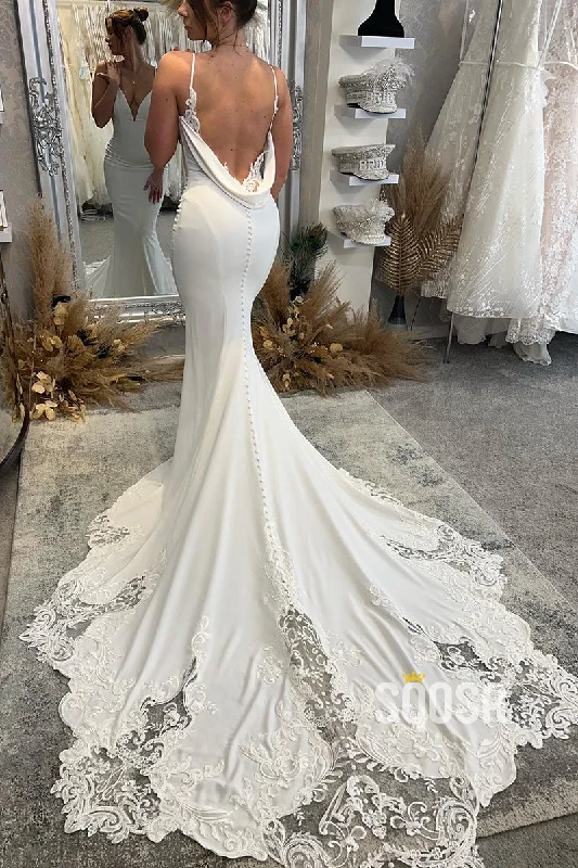 Plunging V-Neck Lace Appliques Mermaid Wedding Dress QW2647 Full Length Gown