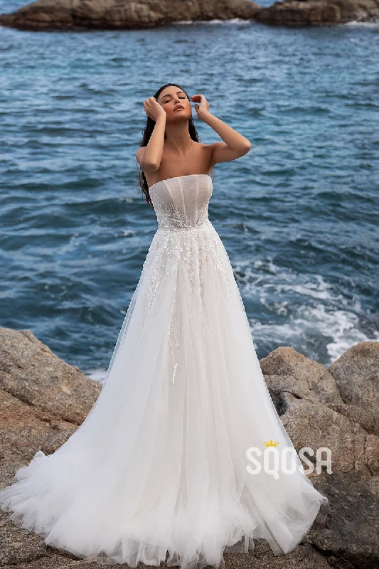 Tulle A-Line Detachable Off-Shoulder Empire Beaded Appliques With Side Slit Beach Wedding Dress QW8125 Floral Wedding Gown