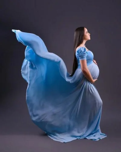 G1130, Sky Blue Satin Maternity Shoot Trail Gown, Size (All)pp Lace Wedding Dress