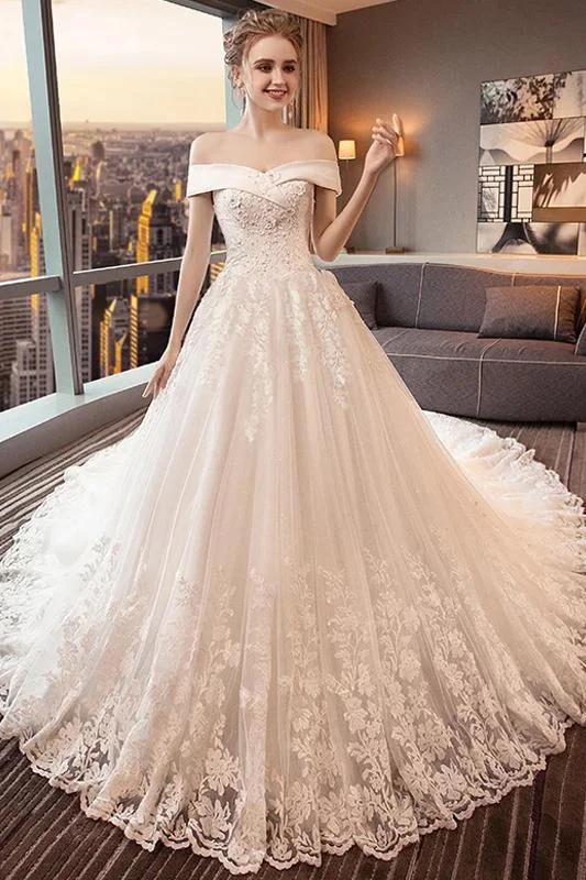 Gorgeous Off the Shoulder Lace Long Train Wedding Dress Princess Bridal Dress N2581 Off-shoulder Bridal Gown