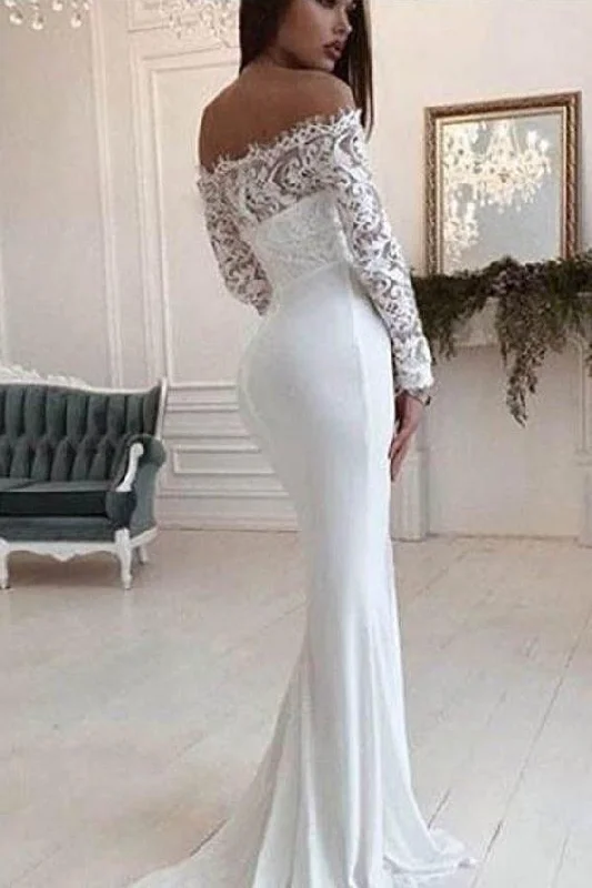 Mermaid Wedding Dress Long Sleeves Off the Shoulder Bridal Dress With Lace N1373 Sexy Satin Gown