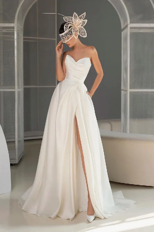 A Line Sweetheart Satin Pleats Simple Wedding Dress with Pockets QW0848 Short Wedding Gown