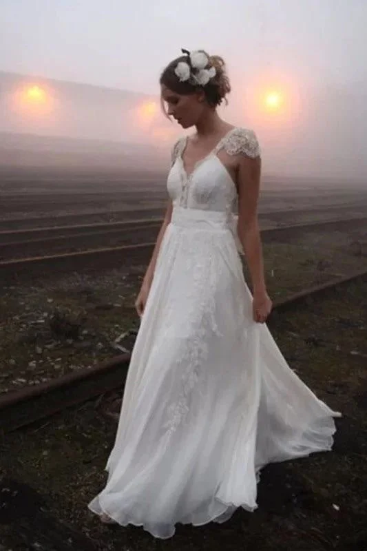 Romantic V Neck Cap Sleeves Chiffon Beach Wedding Dress Lace Boho Dress