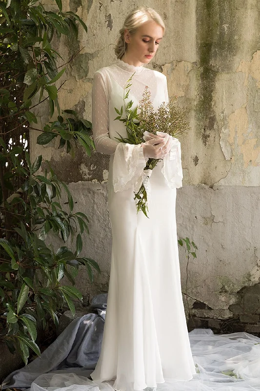 Sheath Sweep-Brush Train Chiffon Tulle Wedding Dress CW3027 Long Sleeve Gown