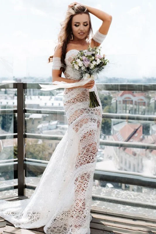 Amazing Sweetheart Neck Lace Beach Boho Wedding Dress Silk Wedding Gown